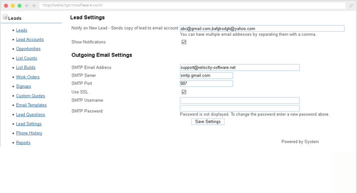 Lead Settings page